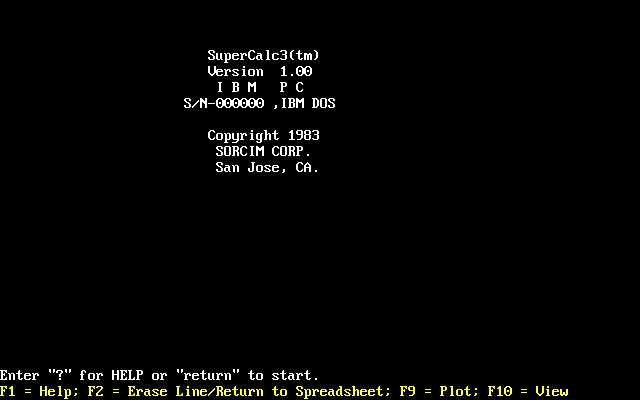SuperCalc 3 v1.00 IBM PC - Splash
